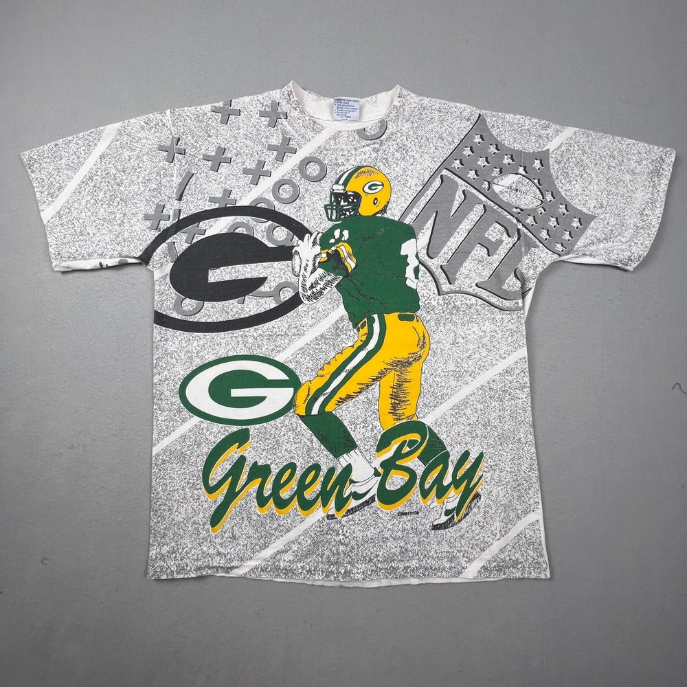 All Sport Green Bay Packers T-Shirt Mens XL White All Over Print Vintage 90s NFL